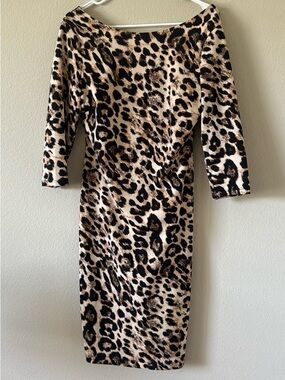 Leopard Print Midi Bodycon Dress in Beige & Black